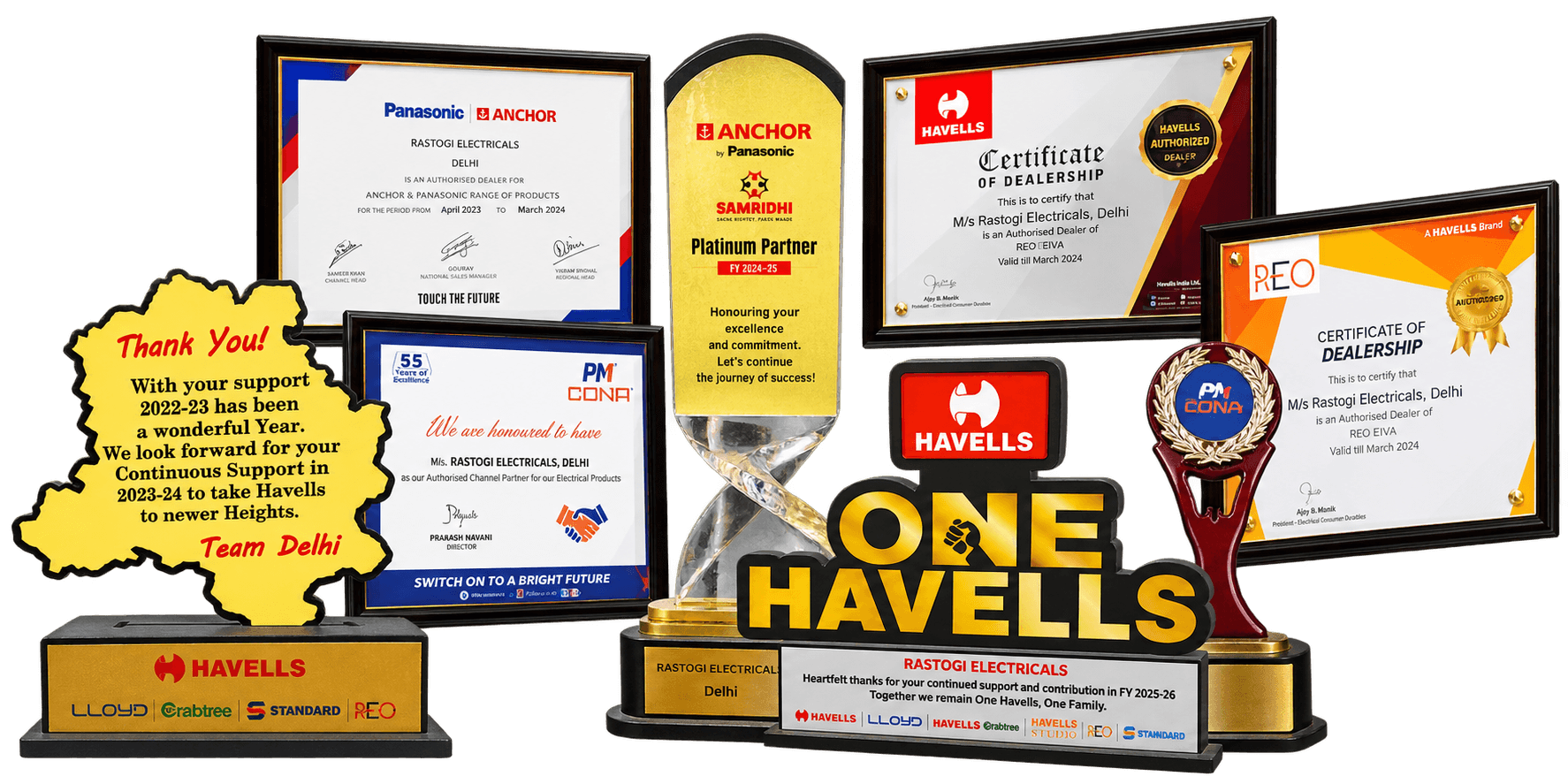 Awards and certificates earned by Rastogi Electricals, including Anchor, Havells, PM Cona, and REO dealership recognitions